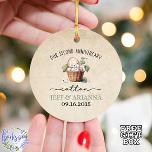 Personalized Second Anniversary Ornament, Cotton Wedding Anniversary Gift, 2nd Anniversary Ceramic Ornament, 2nd Wedding Anniversary Cotton