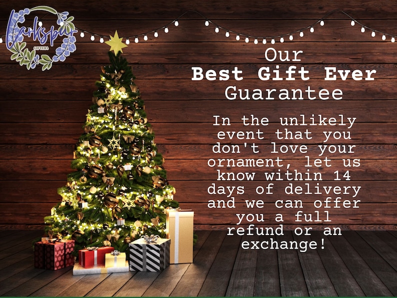 May include: A decorated Christmas tree with ornaments and lights, surrounded by wrapped gifts. The image includes text that reads "Our Best Gift Ever Guarantee" and details about returns and exchanges.