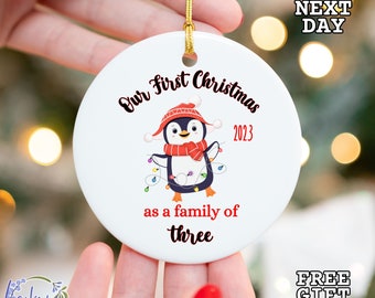 First Christmas as a Family of Three Ornament, Personalized Family Ornament, Baby Coming 2024 Ornament, New Baby Christmas Announcement