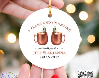 Personalized Seventh Anniversary Ornament, Copper Wedding Anniversary Gift, 7th Anniversary Ceramic Ornament, 7th Wedding Anniversary Wool