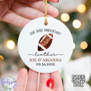 Personalized Third Anniversary Ornament, Leather Wedding Anniversary Gift, Three Year Anniversary Leather Ornament,  3rd Year Husband + Wife