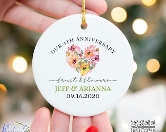 Personalized Fourth Anniversary Ornament, Fruit Flowers Wedding Anniversary Gift, 4th Wedding Anniversary Ceramic Ornament, 4 Years Gift