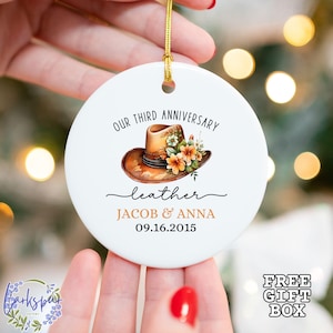 Personalized Third Anniversary Ornament, Leather Wedding Anniversary Gift, Three Year Anniversary Leather Ornament,  3rd Year Husband + Wife
