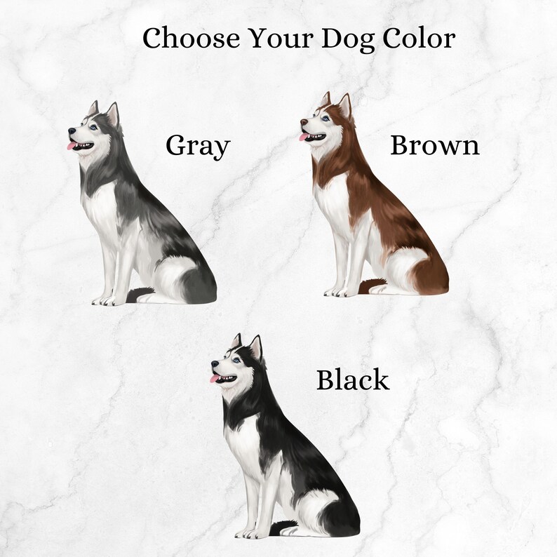 May include: Digital illustration of three Siberian Huskies in different colors: gray, brown, and black. The text "Choose Your Dog Color" is at the top, with the color names below each dog. The dogs are sitting, with their tongues out.