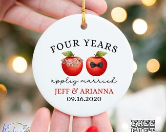 Personalized Fourth Anniversary Ornament, Fruit Flowers Wedding Anniversary Gift, 4th Wedding Anniversary Ceramic Ornament, 4 Years Gift
