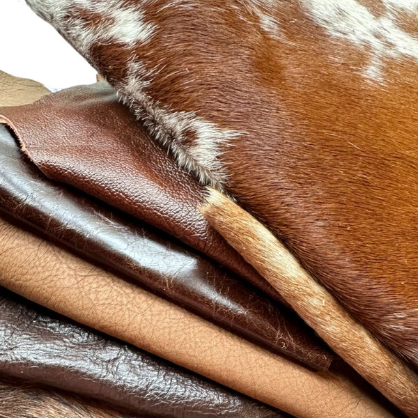 2lb Tanned Hide Genuine Leather Scrap Pieces - Small and Large for Leathercrafts - Cow Hide Fur On and Off - Furniture Quality Flexible