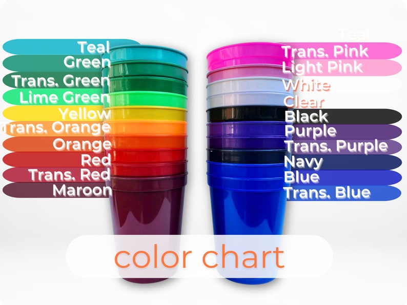 Pu&ograve; includere: Tabella colori con 12 bicchieri di plastica impilati in due colonne. I bicchieri sono di vari colori, tra cui turchese, verde, verde lime, giallo, arancione, rosso, marrone, rosa, rosa chiaro, bianco, trasparente, nero, viola, viola trasparente, blu navy, blu e blu trasparente. Il testo "tabella colori" &egrave; stampato sotto i bicchieri.