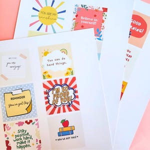 May include: A set of printable motivational cards with colorful designs and positive messages. The cards feature phrases like "You are my sunshine", "Believe in yourself", "You can do hard things", "I'm so proud of you", "You've got this", and "Stay positive, work hard, make it happen".