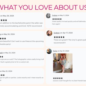 May include: Image featuring customer reviews with the text "WHAT YOU LOVE ABOUT US!". Reviews include star ratings and comments about the product's quality, appearance, and suitability for bachelorette parties and gifts.