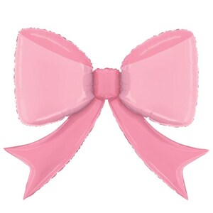 May include: A large, pink bow-shaped balloon with a lighter pink center and darker pink tails. The balloon is inflated and has a glossy finish, perfect for party decorations or celebrations.