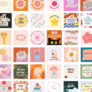 May include: A collection of colorful digital stickers with positive messages and illustrations. The stickers feature various themes, including holidays, seasons, and motivational quotes. Some of the text includes "You are the best", "You got this", "Happy Halloween", "Hello Winter", and "Kindness is beautiful".