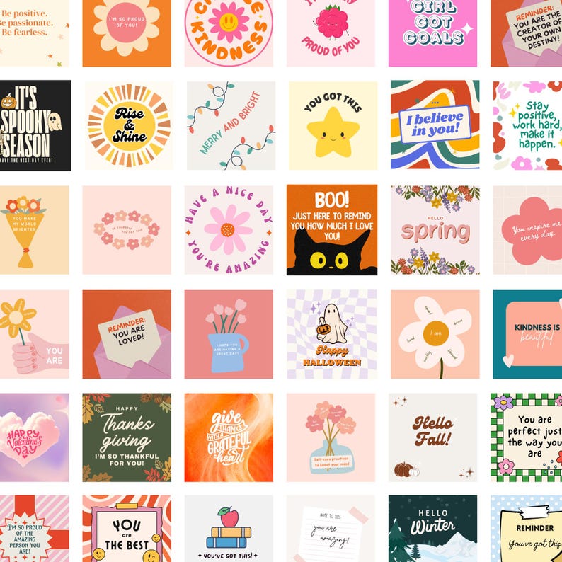 May include: A collection of colorful digital stickers with positive messages and illustrations. The stickers feature various themes, including holidays, seasons, and motivational quotes. Some of the text includes "You are the best", "You got this", "Happy Halloween", "Hello Winter", and "Kindness is beautiful".