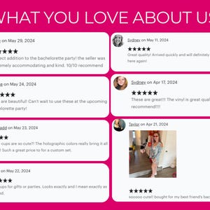 May include: A collage of customer reviews for a product, featuring five-star ratings and positive comments about the product's quality, design, and customer service. The reviews highlight the product's use for bachelorette parties and its overall appeal.