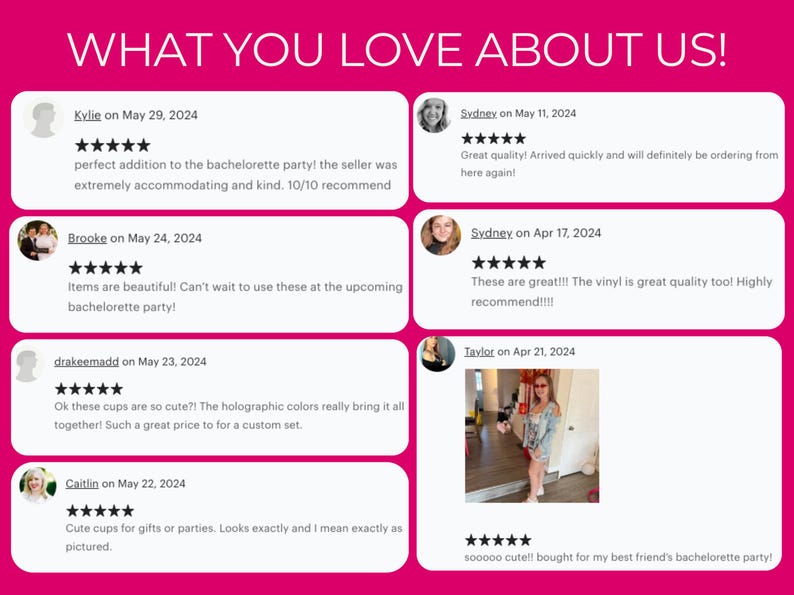 May include: A collage of customer reviews for a product, featuring five-star ratings and positive comments about the product's quality, design, and customer service. The reviews highlight the product's use for bachelorette parties and its overall appeal.