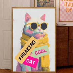Arte mural grande, moderno y pop, imprimible sin marco para sala de estar, decoración de pared sobre la cama, habitación juvenil colorida y artística, #Cool Cat