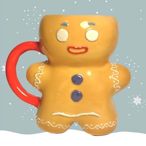 Linda taza de hombre de pan de jengibre - Taza de cacao de Navidad 3D personalizada - Taza de Navidad fea única para la temporada navideña - Lindo regalo de taza