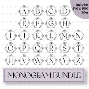 Puede incluir: Un conjunto de 26 letras de monograma en blanco y negro en un marco floral decorativo. Cada letra está en un círculo con un diseño floral a su alrededor. Las letras son de la A a la Z. El texto "MONOGAM BUNDLE" está en la parte inferior de la imagen. El texto "Includes SVG & PNG Files" está en la esquina superior derecha de la imagen.