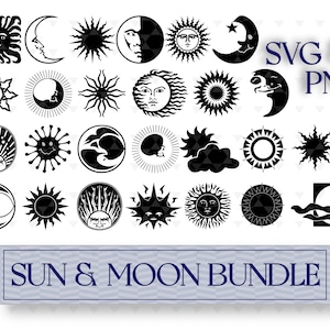 May include: A set of 20 black and white sun and moon SVG and PNG digital clip art images. The images feature various designs of suns and moons, including stylised, geometric, and traditional.