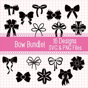 May include: A set of 16 black and white bow designs. The bows are in various styles and sizes. The text "Bow Bundle! SVG & PNG Files" is at the bottom of the image.