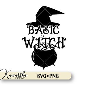 Puede incluir: Diseño en silueta negra y blanca de un sombrero de bruja, una caldera y el texto "Basic Witch".