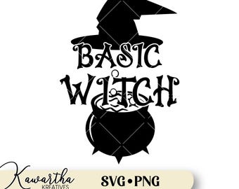 Könnte beinhalten: Schwarz-weißes Silhouettendesign eines Hexenhutes, eines Kessels und des Textes "Basic Witch".