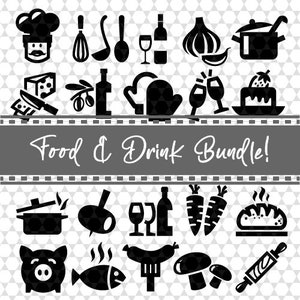 Pacchetto SVG di cibo e bevande / BBQ SVG / Frutta SVG / Pesce SVG / Carne SVG / Vino SVG / Maiale SVG / Vegetariano PNG / File di taglio per cricut, silhoette