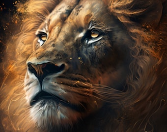 Könnte beinhalten: Ein Nahaufnahme-Porträt eines Löwen mit einer goldenen Mähne. Die Augen des Löwen sind hell und aufmerksam, und sein Fell ist strukturiert und detailliert. Der Hintergrund ist dunkel und verschwommen, mit ein paar goldenen Funken.