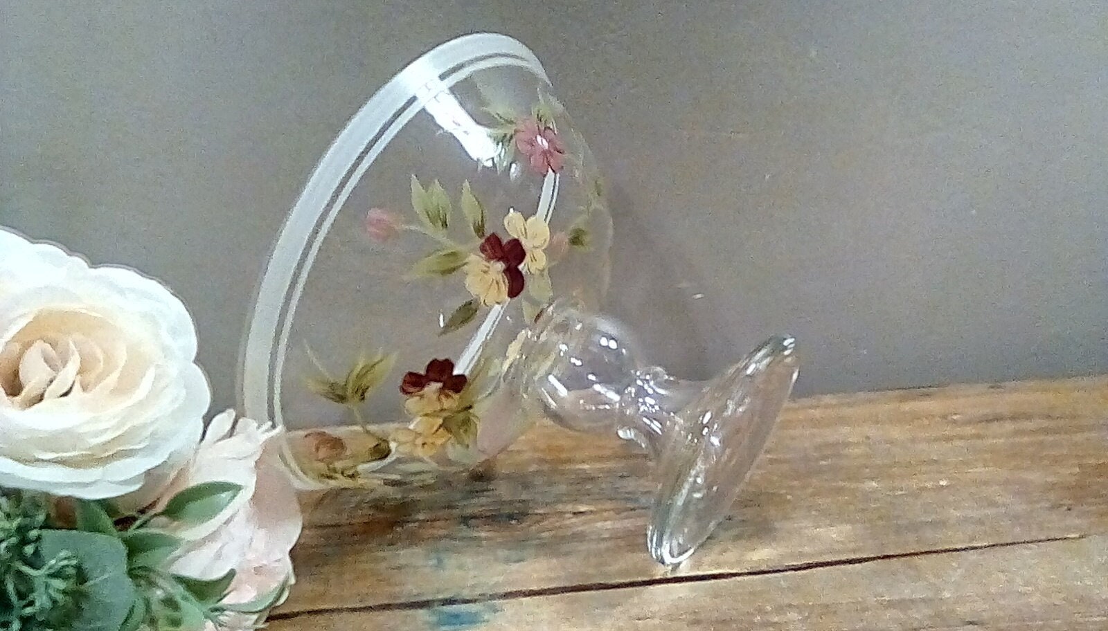 Vintage Blown Glass Compote With Hand Painted Florals, Blown Glass ...