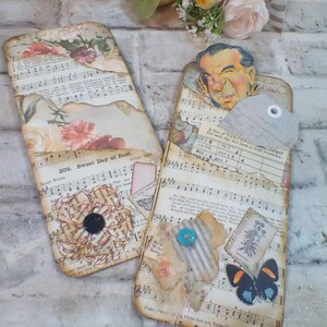 2 tarjetas altas con bolsillos para su diario, papel musical de 9 1/2 X 4" o páginas de diccionario y papel floral con bolsillos y adornos