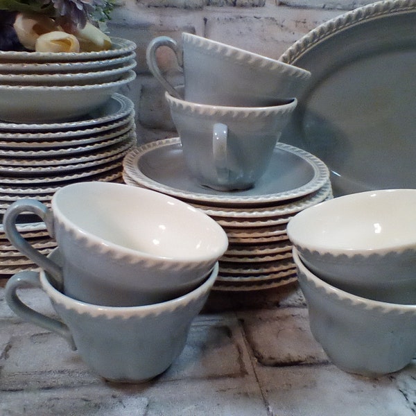 Harker Ware Light Gray Dishes from the 1950s Cups & Saucers, and Creamer and Sugar Bowl With Lid, Platter Veg Bowl, Lunch and Dessert Plates