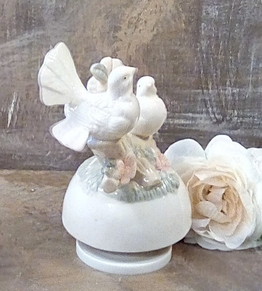 Vintage Bird Music Box Plays Memories, Two Doves on a Branch Porcelain
