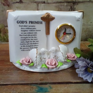 Vintage Novelty Porcelain Alarm Clock, 1950s Clock Shaped Like Book with White Doves and Pink Roses on Front