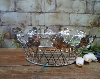 Vintage Silver Plate Wire Basket with Grape Leaf Rim, Wine & Bread Serving, 1950s