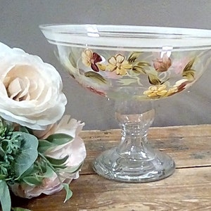 Vintage Blown Glass Compote with Hand Painted Florals, Blown Glass Crystal Bowl on Pedestal with Painted Flowers Leaves & Trims, 6 1/2&quot;