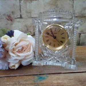 Vintage Crystal Clock by Staiger, Illusions Made in The Czech Republic, Brass Face Face Ring w/Black Roman Numerals and a Brass Second Hand