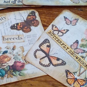 Dagboekkaarten met mooie bloemen, vlinders, strikken en sentimenten. Verouderd met inkt met schrijfruimte op de achterkant. Ongeveer 4 x 5 inch, vier per bestelling