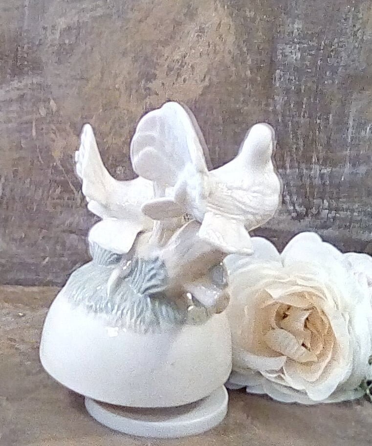 Vintage Bird Music Box Plays Memories, Two Doves on a Branch Porcelain