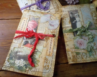 Small Junk Journals with Aged Music and Book Page Collage Loads of Ephemera Throughout, 8 Journal Pages, Silk or Ribbon Ties, 1 Journal