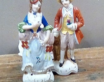 Vintage Porcelain Colonial Couple Figurines, Hand-Painted Japan, 1940s