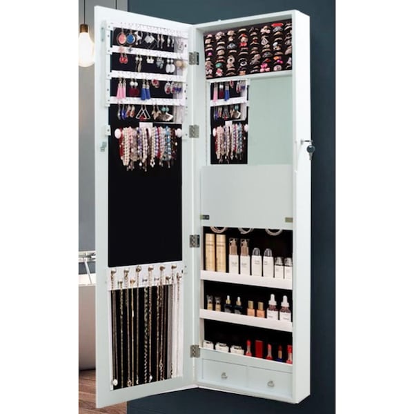 Jewelry Cabinet Wall Mounted Cabinet with LED lights Full-Length Mirror Make-up Organizer