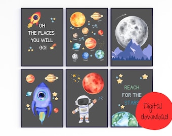 Watercolor Space Nursery Art Prints: Solar System, Planets (Digital Download Set of 6)