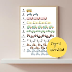 Transport Number Prints, Boy Play Room Wall Art, Boy Nursery Decor, Classroom Print Set, DIGITAL DOWNLOAD