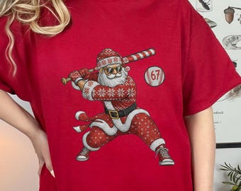 Funny Santa Baseball 67 Meme Christmas Cotton Tee