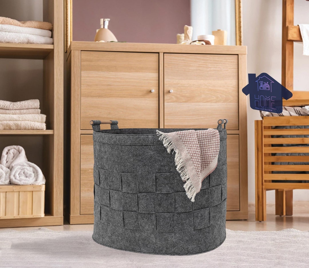 Round Laundry Basket, Handmade Felt Bag, Wooden Handles Bag, Decorative Laundry Basket, Natural