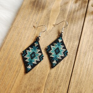 Handwoven Beaded Earrings | Boho Diamond Shape Dangle | Native American Southwestern Jewelry