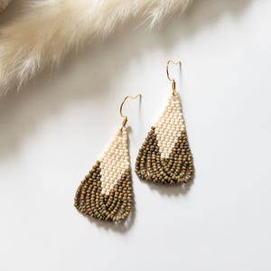 Olive Green Brown and Cream Teardrop Beaded Earrings, 2-inch Drop Earrings, Native Beadwork Earrings