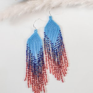 Beaded Fringe Earrings – Turquoise & Red Ombre Earrings – 4 Inch Drop – Handmade Native Beadwork