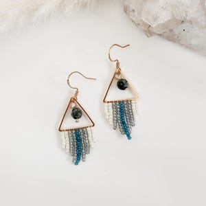 Beaded Fringe Earrings: Larvikite Gemstone, Teal & Silver, Triangle Everyday Earrings, Native Beadwork Earrings