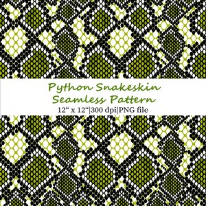May include: A seamless pattern featuring a python snakeskin design. The pattern is composed of black, white, and lime green diamond shapes. The text "Python Snakeskin Seamless Pattern 12" x 12" | 300 dpi | PNG file" is displayed across the image.