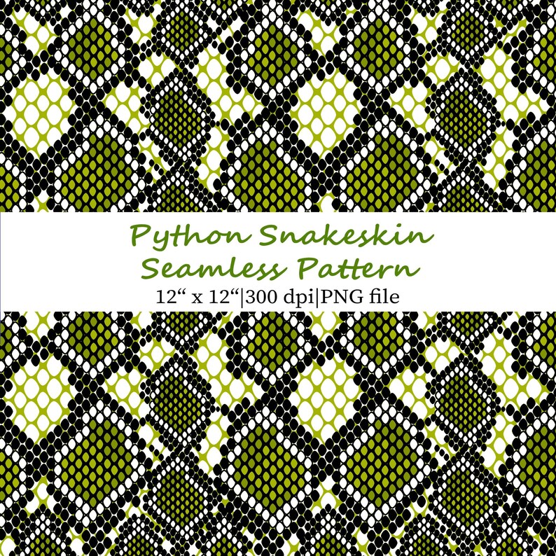 K&ouml;nnte beinhalten: Ein nahtloses Muster mit einem Python-Schlangenhaut-Design. Das Muster besteht aus schwarzen, wei&szlig;en und limettengr&uuml;nen Rauten. Der Text "Python Snakeskin Seamless Pattern 12" x 12" | 300 dpi | PNG file" wird auf dem Bild angezeigt.